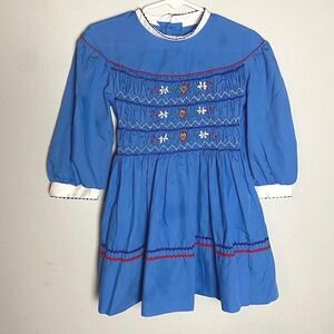 Vintage Polly Flinders Hand Smocked Dress‎ Girls Size 5 Blue Floral Cottagecore